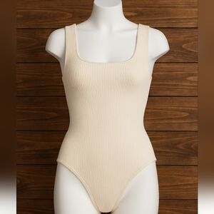 OQQ Cream Beige Ribbed Bodysuit Medium Sleeveless Square Neck Stretch Fit